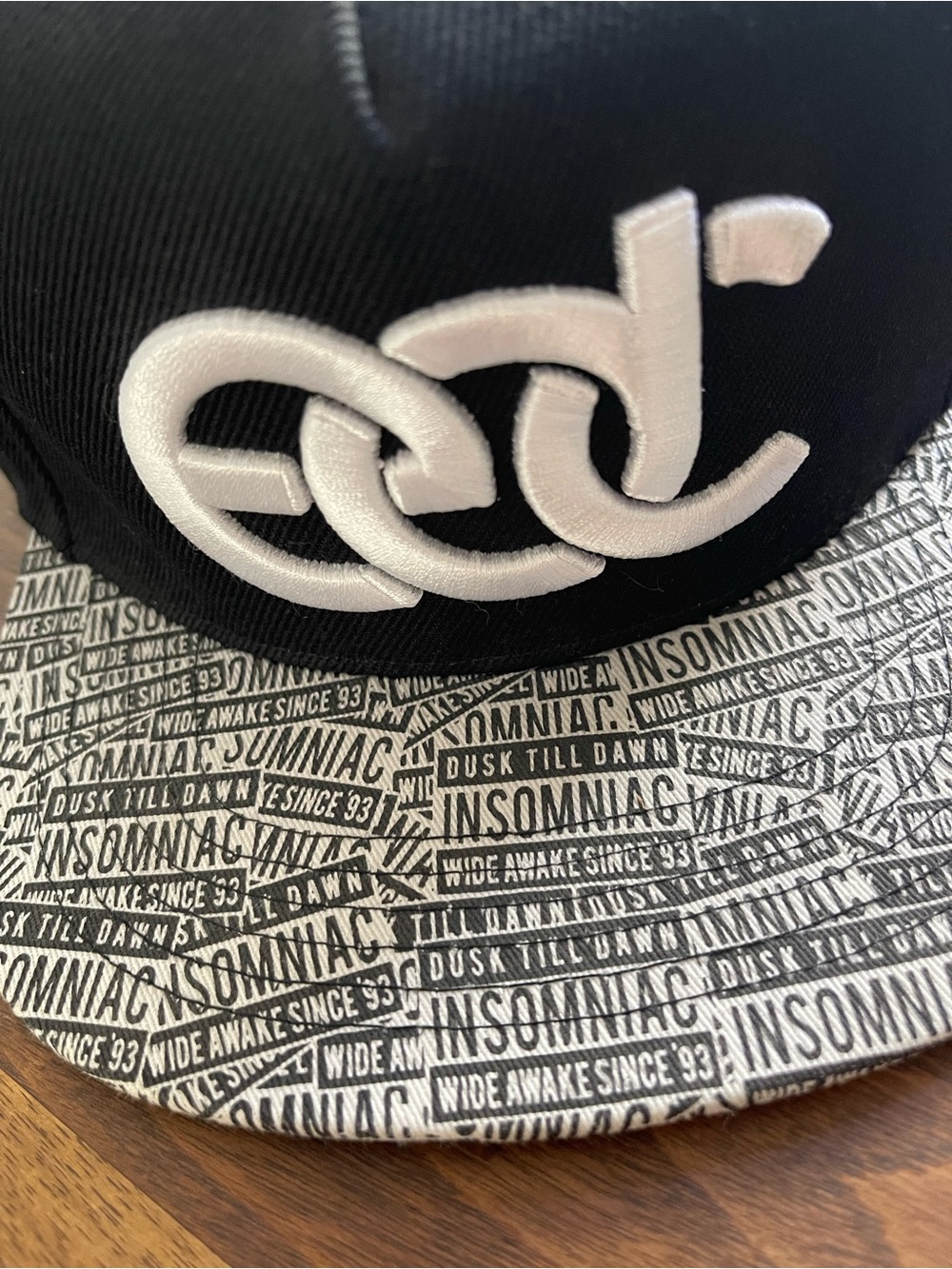 Insomniac EDC Embroidered Black Snapback Hat with Printed Brim Dusk til Dawn. - Picture 2 of 5